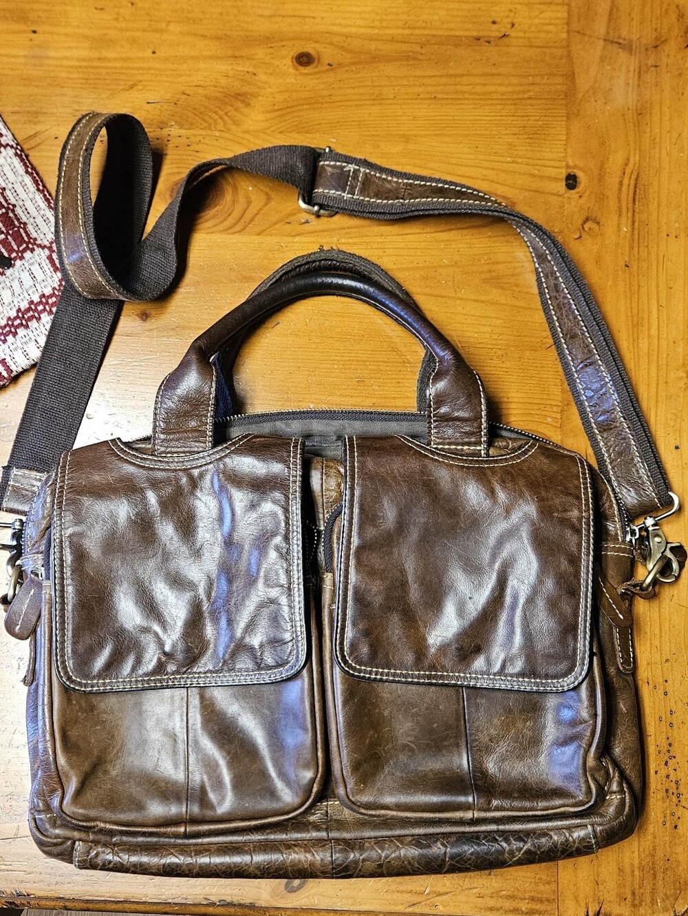 Vintage Men's Brown Leather Messenger Breifcase Bag with Removable Strap